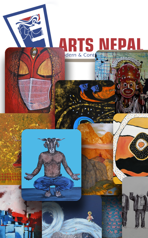 Image showing E-Arts Nepal logo and a bunch of artworks featured in E-Arts website